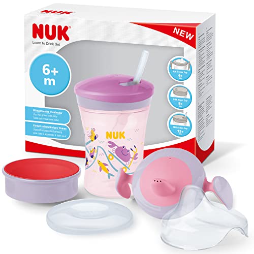 NUK Set de aprendizaje 3 en 1 con taza de aprendizaje (6 + meses), vaso Magic Cup 360° (8+ M) y botella de acción para niños (12 + M), 230 ml, sin BPA, Niñas (10255637)