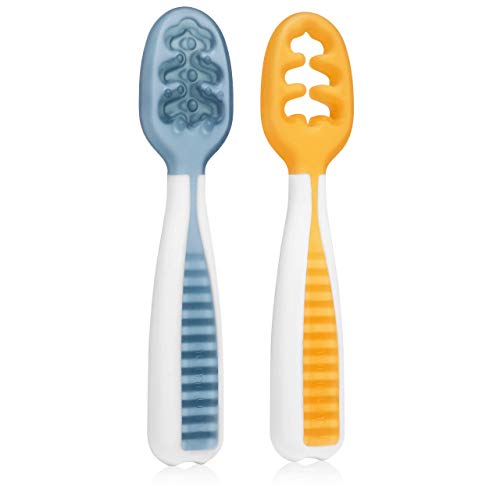 NumNum Pack de 2 x Juego de 2 PreCucharas de Aprendizaje para Bebés de Silicona | #1 Recomendadas por Nutricionistas y Expertos Baby Led Weaning BLW, 4 Unidades (Azul/Naranja) + (Gris/Verde)