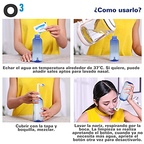 O³ Lavado Nasal 500 ml Con 2 Boquillas Para Bebes Y Adultos Para Irrigación Nasal - Limpiador Nasal | Alivia Alergia - Resfriado - Rinitis | Irrigador Nasal Tratamiento Que Mejora Ronquidos Y El Sueño