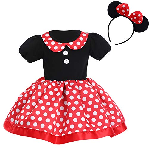 OBEEII Minnie Vestido de Lunares con Lazo para Bebita Niña, Falda de Tul con Cuello Redondo Manga Corta, Mini Mouse Ears Diadema para Niñas Princesa Bowknot Tutu Fiesta de Cumpleaños 18-24 Meses