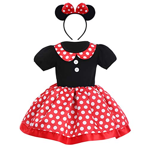 OBEEII Minnie Vestido de Lunares con Lazo para Bebita Niña, Falda de Tul con Cuello Redondo Manga Corta, Mini Mouse Ears Diadema para Niñas Princesa Bowknot Tutu Fiesta de Cumpleaños 18-24 Meses