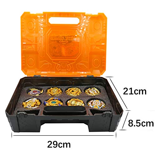 OBEST Peonzas Juguetes Conjunto, 10 PCS Gyro Spinner Tops Estuche Set con 2 Burst Turbo Lanzadors, con Caja Portátil, Regalo Mejor para los Niños (Naranja)