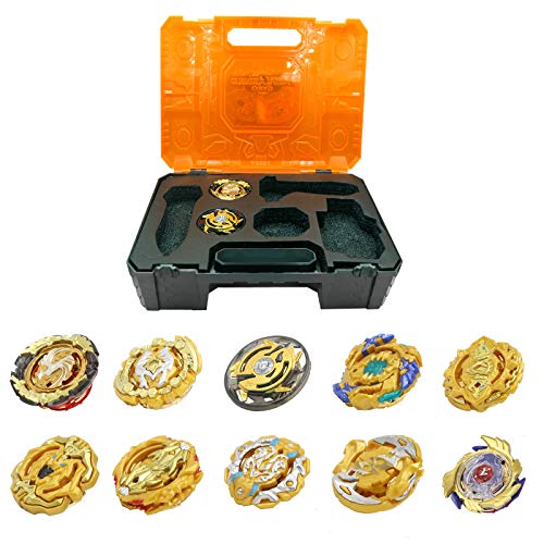 OBEST Peonzas Juguetes Conjunto, 10 PCS Gyro Spinner Tops Estuche Set con 2 Burst Turbo Lanzadors, con Caja Portátil, Regalo Mejor para los Niños (Naranja)