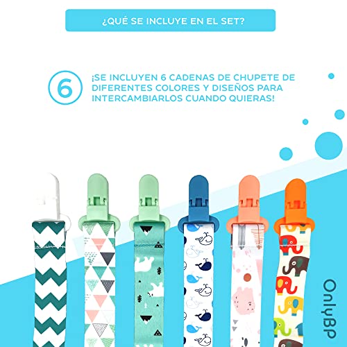 OnlyBP - Set 6 Chupetero de clip para Bebé, Cadena de Chupetes para niños y niñas, Protege a tu bebe, Multicolor