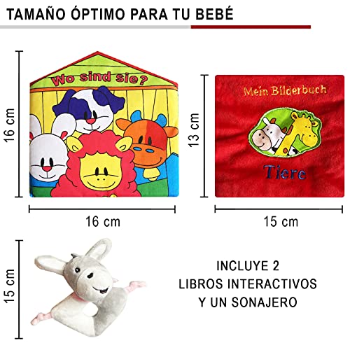 ORATIC Pack 2 Libro Bebe Interactivo con Texturas Que Incluye sonajero - Libros de Tela para Bebes Recien Nacidos - Juguete sensorial con Actividades para Aprendizaje de los niños - Idioma Aleman.