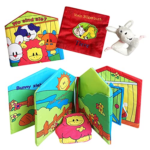 ORATIC Pack 2 Libro Bebe Interactivo con Texturas Que Incluye sonajero - Libros de Tela para Bebes Recien Nacidos - Juguete sensorial con Actividades para Aprendizaje de los niños - Idioma Aleman.