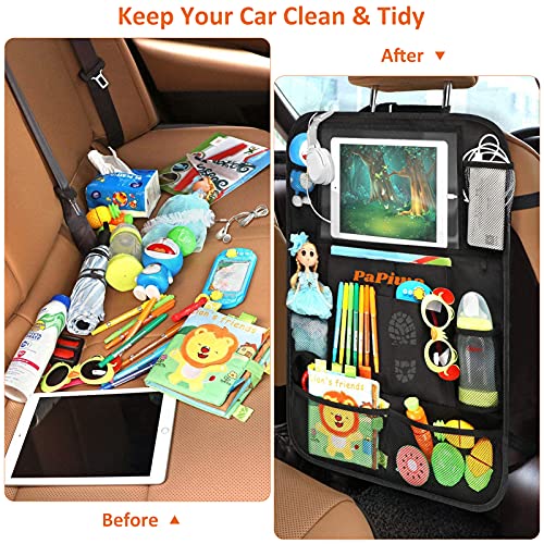 Organizador Coche Niños 2Pcs, Protector Asiento Coche Respaldo con 20 Bolsillos, Organizador Asiento Coche con Tamaños Transparente para iPad Tablet 10,5'', Organizador Coche para Juguetes Libros