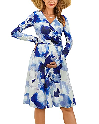 OUGES Vestido de Maternidad de Flores de Manga Larga con Cuello en V para Mujer Vestido de Lactancia Vestidos Casuales para Embarazadas con Bolsillos(FloralC,L)