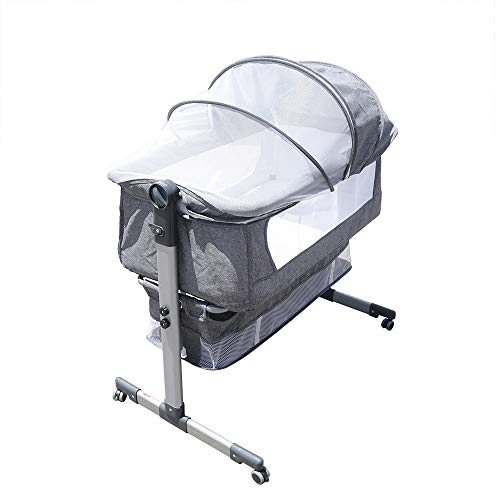 OUKANING Cama Adicional y Cama para bebé, Cuna con Capacidad de Carga de hasta 25 kg, mosquitera y colchón, Adecuada para bebés Desde el Nacimiento Ajuste de Altura (Gris)