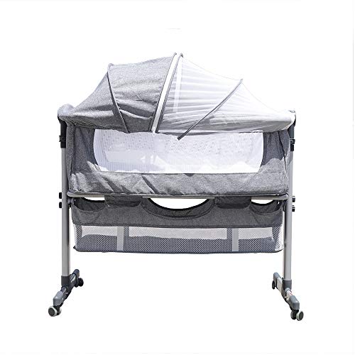 OUKANING Cama Adicional y Cama para bebé, Cuna con Capacidad de Carga de hasta 25 kg, mosquitera y colchón, Adecuada para bebés Desde el Nacimiento Ajuste de Altura (Gris)