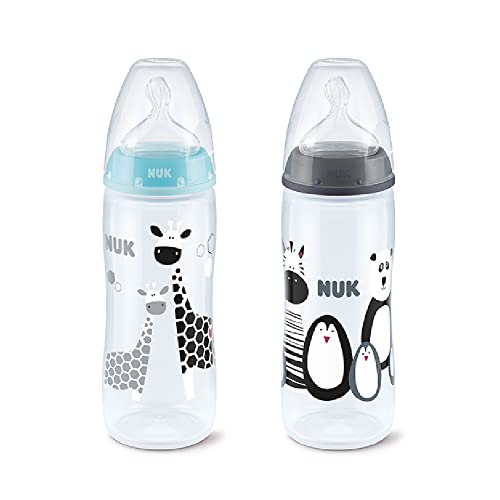 Pack 2 Biberones Baby Safari NUK silicona de 360ml con control de temperatura para bebés de 6 a 18 meses. Colores azul y negro