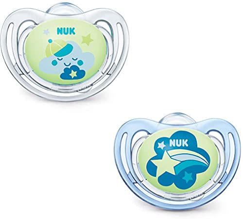 Pack 2 Chupetes Freestyle Night NUK | Modelo Nube y Estrella Azul | Silicona | 6-18 m | Brilla en la oscuridad