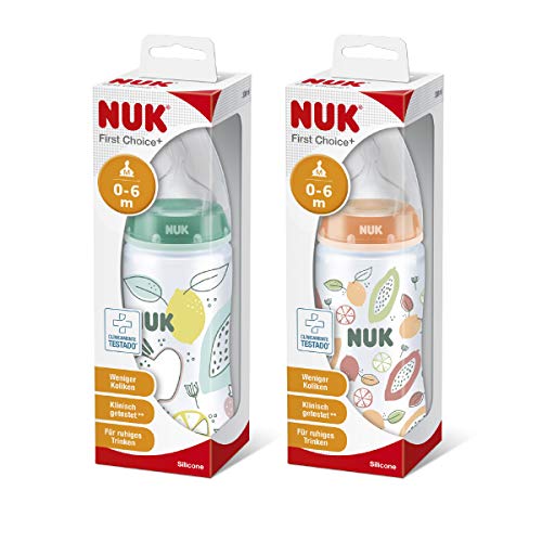 ¡Pack 2x1! | Biberones NUK First Choice+ PP Colour Play | Silicona | 300ml | Color naranja y verde oscuro | Orificio M | 0-6m