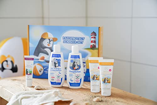 PAEDIPROTECT Set de verano para el cuidado de bebés y niños, 2x crema solar para el mar, 1x crema solar para la cara, 1x champú y loción de lavado 2en1. 1 loción de cuidado y 1x bola de agua, vegano