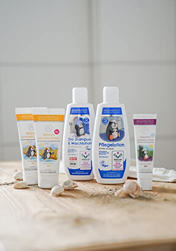 PAEDIPROTECT Set de verano para el cuidado de bebés y niños, 2x crema solar para el mar, 1x crema solar para la cara, 1x champú y loción de lavado 2en1. 1 loción de cuidado y 1x bola de agua, vegano