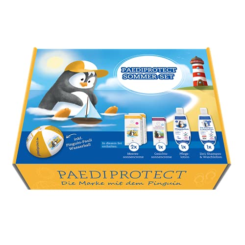 PAEDIPROTECT Set de verano para el cuidado de bebés y niños, 2x crema solar para el mar, 1x crema solar para la cara, 1x champú y loción de lavado 2en1. 1 loción de cuidado y 1x bola de agua, vegano