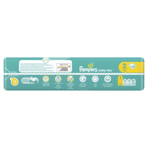 Pampers Baby-Dry talla 2, 60 pañales hasta 12 horas de protección, 4-8 kg