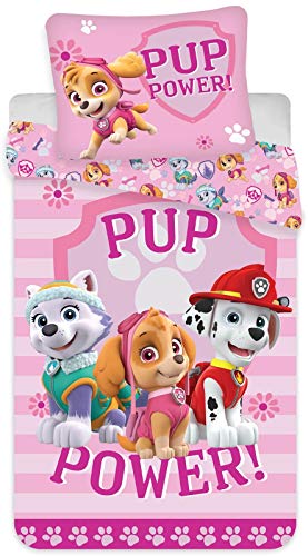 Paw Patrol - Juego de cama para niña, algodón, color rosa, rosa, gris, funda de almohada de 40 x 60 cm, funda nórdica de 100 x 135 cm