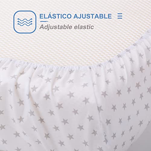 PEKITAS Sábana Bajera Ajustable 60x120 cm Cuna Universal Algodón Elástico Bebé Suave (Elefante Azul + Estrellas)