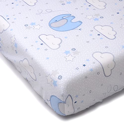 PEKITAS Sábana Bajera Ajustable 60x120 cm Cuna Universal Algodón Elástico Bebé Suave (Elefante Azul + Estrellas)