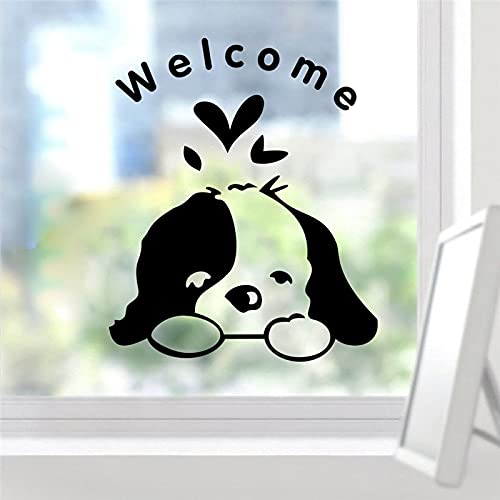 Perro de dibujos animados carta de bienvenida pegatina de pared de vinilo negro para tienda de vidrio decoración de arte de pared calcomanía mural A3 54x46 cm