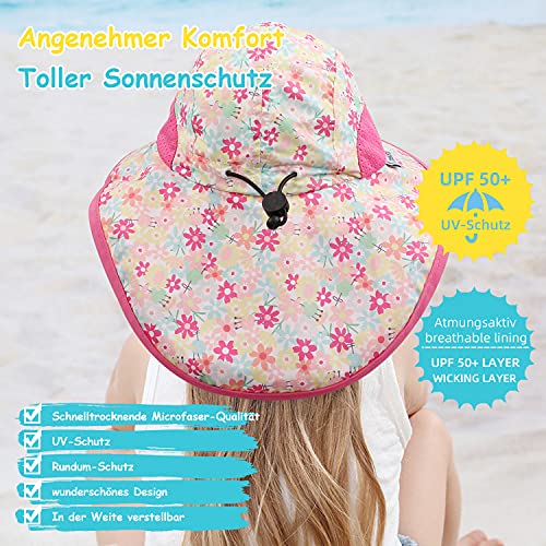 Pesaat Sombrero para el Sol para bebé niña con protección UV con protección para la Nuca Gorro de Verano para niños Paraíso de Playa Large (Gänseblümchen, 4-8 años)