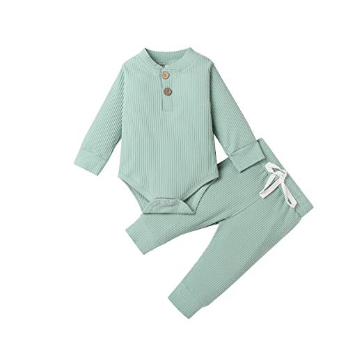 Pijamas para bebés recién Nacidos, Pantalones de Mameluco de Manga Larga, Trajes para bebés, Acanalados, a Rayas, Otoño Invierno, Ropa de Abrigo (Verde Claro, 18-24 Meses)