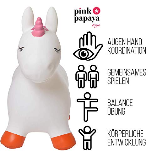 Pink Papaya Animales de Juguete Unicornio Lulu - Caballos para Niños Mayores de 3 Años hasta 50 kg - Animal Inflable para Niños sin BPA - Incluye Bomba de Aire