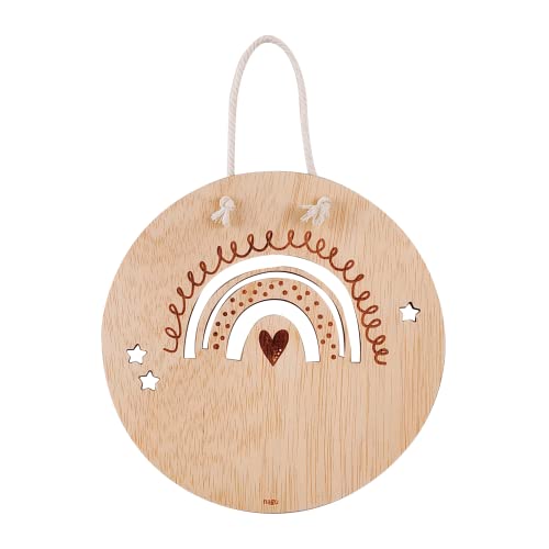 Placa decorativa de madera con nombre, con diseño de arcoiris calado. Rotulo de madera personalizable con nombre, para colgar en la puerta o pared de la habitacion infantil como decoración de bebe