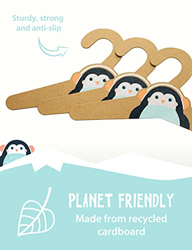 Planet Buddies Perchas para Niños para Ropa, 6 Perchas de Cartón Reciclable para Niños a Partir de 3 años, Alternativa de Suspensión de Madera para Bebés, Pequeños, Accesorios de Guardería, Pingüino