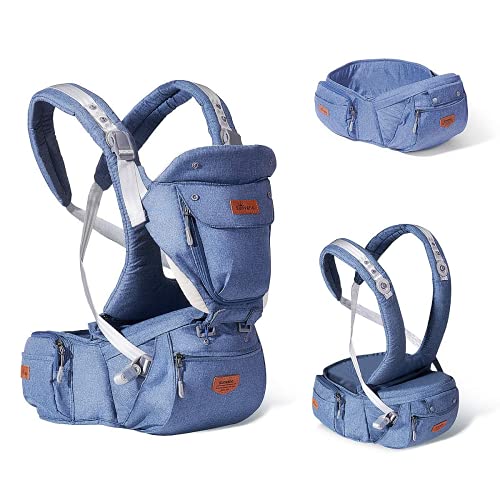 Portabebés Ergonómico con Asiento - SUNVENO Portador de Bebé 3 en 1 Multifuncional, Portabebé Azul para Recien Nacido para Cuatro Estaciones Universales, 0-20 kg, 0-36 Meses