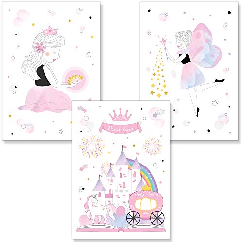 PREMYO Cuadros Infantiles Habitación Niña - Láminas Decorativas para Enmarcar - 3 Póster Princesa Castillo Rosa A4