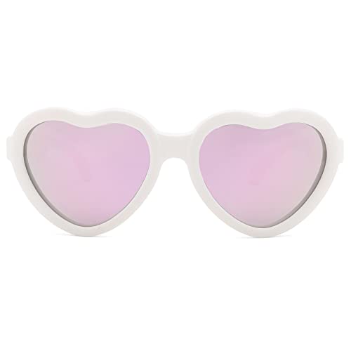 Pro Acme TPEE Gafas de sol polarizadas con forma de corazón irrompibles con correa ajustable para niños pequeños y bebés de 0 a 24 meses, Marco blanco | Lente espejo púrpura