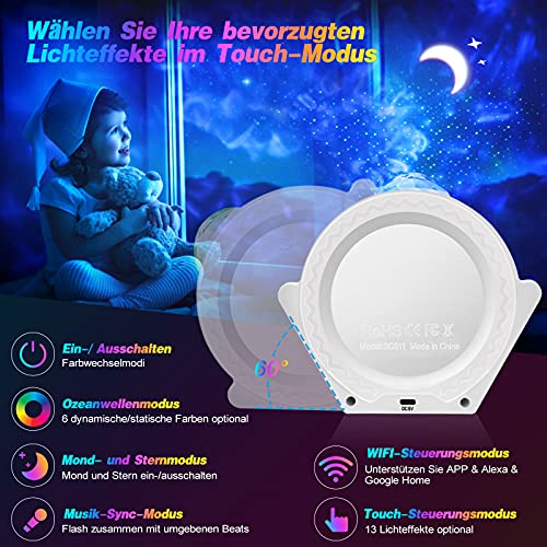 Proyector de cielo estrellado con WiFi, LED, proyector con mando a distancia Alexa, cielo estrellado/luna/ondas de agua, proyector para casa, fiesta, Navidad, Halloween