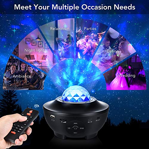 Proyector LED de Cielo Estrellado, Galaxy Light 21 Modos, Luz de Estrellas Giratoria, 10 Colores, LáMpara de Proyector con Altavoz Bluetooth y Temporizador Para Fiestas, Regalos (Negro)