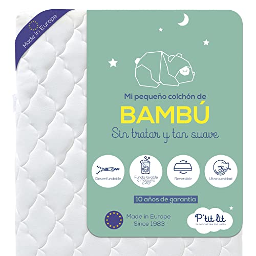 P'tit Lit - Colchón de bambú para bebés - 70x140 cm - Viscosa suave y absorbente - Sin tratamiento químico - Desenfundable - OekoTex® - Hecho en Europa