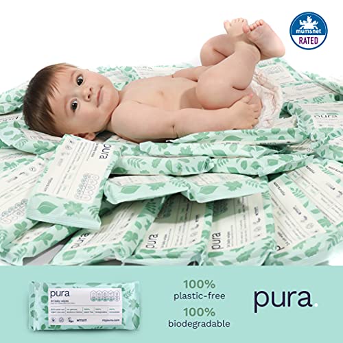 Pura Toallitas para bebé (28 paquetes de 24 toallitas de viaje), 100% sin plástico, biodegradables, 99% de agua, orgánicos, aloe vera, veganos, aptas para pieles sensibles, aprobadas por parteras