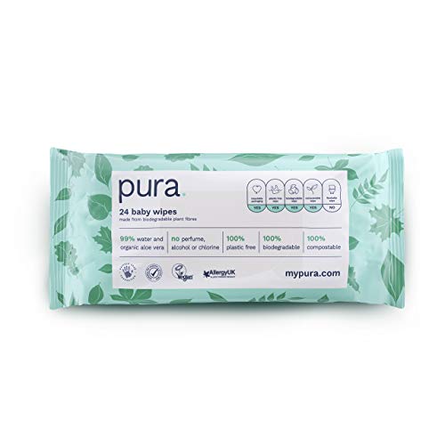 Pura Toallitas para bebé (28 paquetes de 24 toallitas de viaje), 100% sin plástico, biodegradables, 99% de agua, orgánicos, aloe vera, veganos, aptas para pieles sensibles, aprobadas por parteras