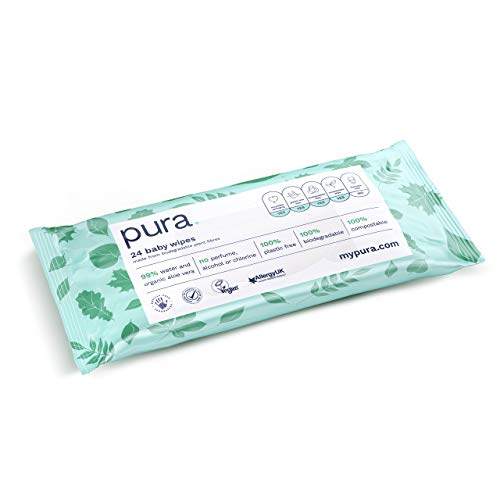 Pura Toallitas para bebé (28 paquetes de 24 toallitas de viaje), 100% sin plástico, biodegradables, 99% de agua, orgánicos, aloe vera, veganos, aptas para pieles sensibles, aprobadas por parteras