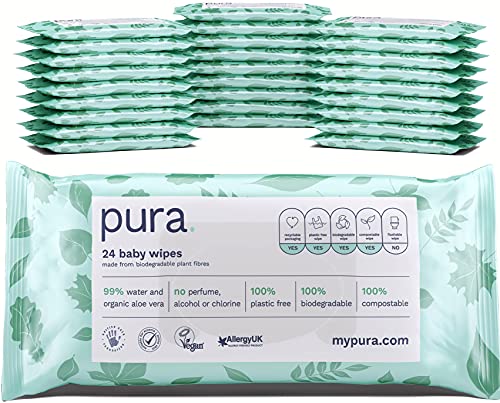 Pura Toallitas para bebé (28 paquetes de 24 toallitas de viaje), 100% sin plástico, biodegradables, 99% de agua, orgánicos, aloe vera, veganos, aptas para pieles sensibles, aprobadas por parteras