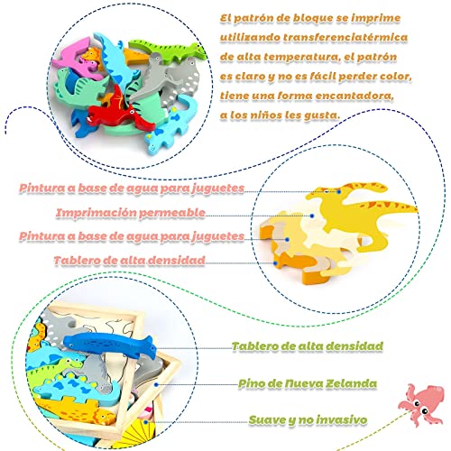 Puzzle de Madera 3 Años (3 pcs) Dinosaurios Juguetes Rompecabezas para Niños 3 4 5 7 Años Montessori Juguetes Educativos Niños 3 años Regalos Cumpleaños Juguete de Apilamiento Animales HONGDDY