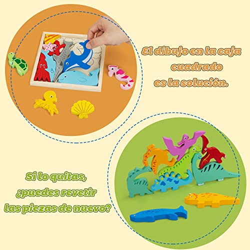 Puzzle de Madera 3 Años (3 pcs) Dinosaurios Juguetes Rompecabezas para Niños 3 4 5 7 Años Montessori Juguetes Educativos Niños 3 años Regalos Cumpleaños Juguete de Apilamiento Animales HONGDDY