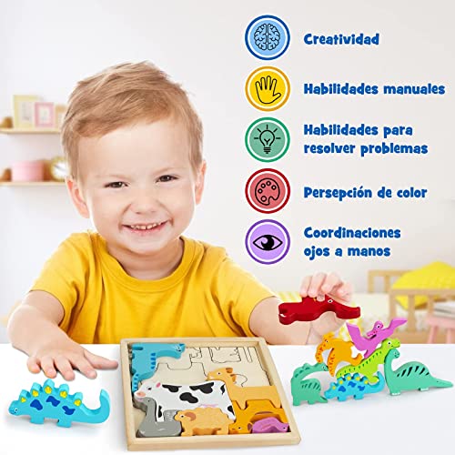 Puzzle de Madera 3 Años (3 pcs) Dinosaurios Juguetes Rompecabezas para Niños 3 4 5 7 Años Montessori Juguetes Educativos Niños 3 años Regalos Cumpleaños Juguete de Apilamiento Animales HONGDDY