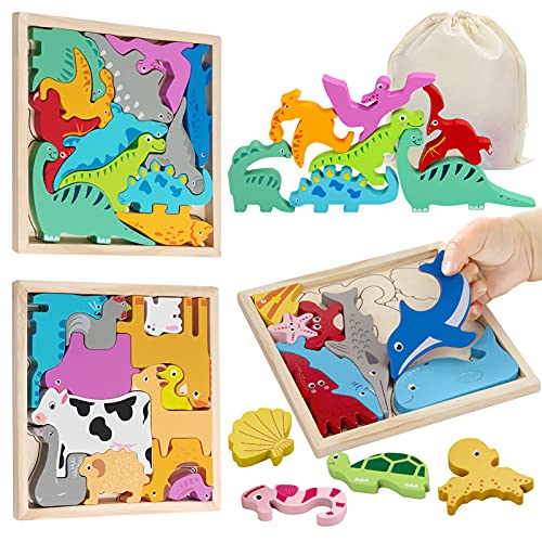 Puzzle de Madera 3 Años (3 pcs) Dinosaurios Juguetes Rompecabezas para Niños 3 4 5 7 Años Montessori Juguetes Educativos Niños 3 años Regalos Cumpleaños Juguete de Apilamiento Animales HONGDDY