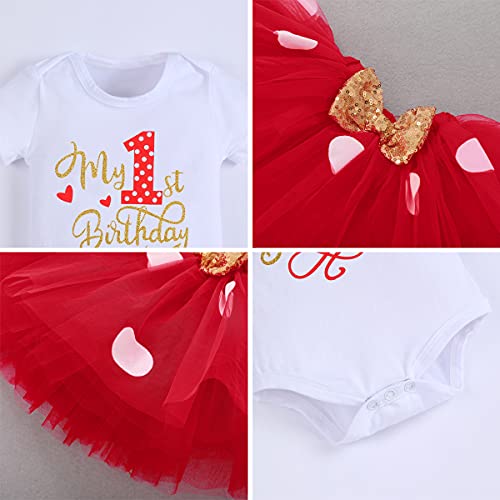 Recién Nacida Bebé Niñas Minnie Primer Cumpleaños Ropa Lunares Mameluco+Vestido de Lentejuelas de Tul con Volantes+Diadema de Ratón Disfraz de Princesa Para Vestir Rojo-my 1st birthday 1 Años