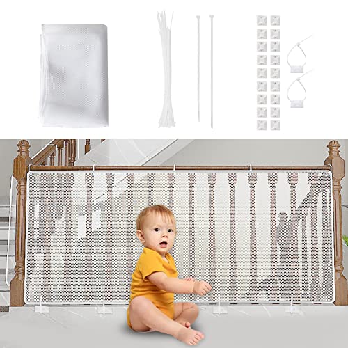 Red de Seguridad para Niños, Bebé Red de Seguridad para Balcón y Escaleras, 300Lx90H CM Robusto Ajustable Red de protección de Malla de Valla de barandilla de Escalera para Infantil, Blanco