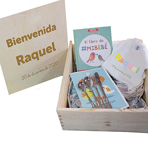 Regalo para bebé. Canastilla personalizada con body, El libro de mi bebé, cubiertos infantiles y tarjeta en caja de madera