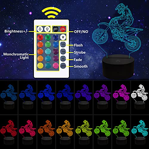 Regalos de bici de la suciedad Motocross Luz de noche 3D para niños Moto Regalos, Motocicleta Lámpara 3D Navidad Regalos de cumpleaños para niños Decoración de habitación con control remoto 16 colores