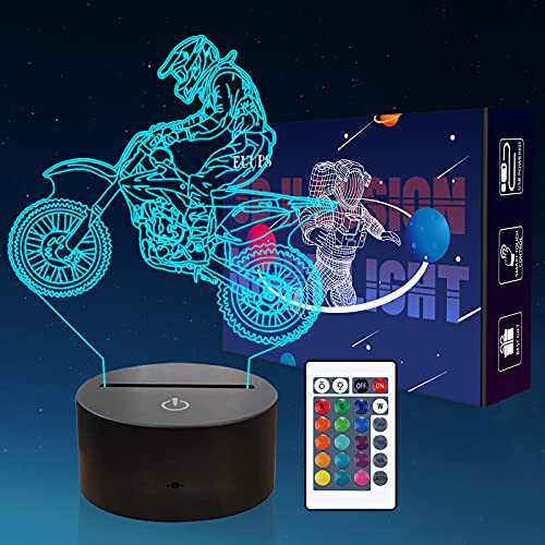 Regalos de bici de la suciedad Motocross Luz de noche 3D para niños Moto Regalos, Motocicleta Lámpara 3D Navidad Regalos de cumpleaños para niños Decoración de habitación con control remoto 16 colores