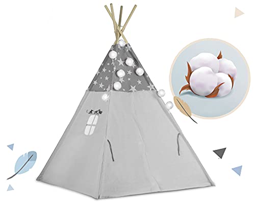 Ricokids Tipi - Tienda de campaña para niños, algodón, con 3 Cojines, Guirnalda y colchón